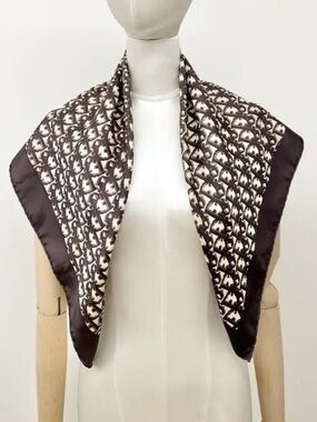 Vtg Christian Dior logo Silk Patterned Brown & Cream Scarf